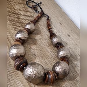 Chunky Artisan Metal and Wood Bold Statement Necklace